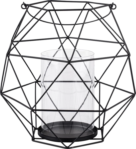 Metalen geometrische kandelaar met handvat en glazen inzet 22 × 22 × 22 cm, zwart