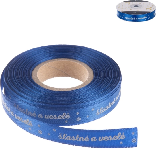 Kerstpolyester lint „Vrolijk Kerstfeest” blauw 25 m