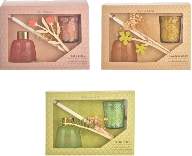 Geschenkset aromadiffuser met stokjes en geurkaars – 3 varianten