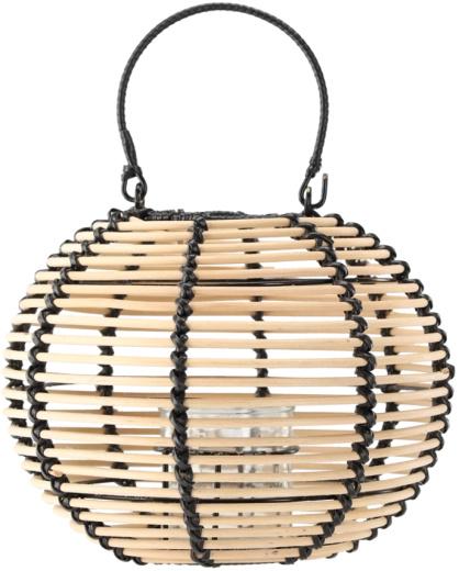 Rieten lantaarn van natuurlijk hout met zwart handvat 25 × 20 cm