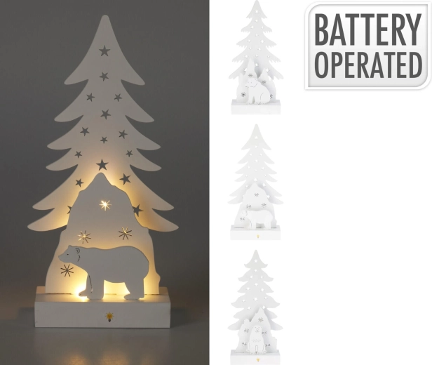 Hangende houten decoratie boom met ijsbeer en LED-verlichting - 1 stuk
