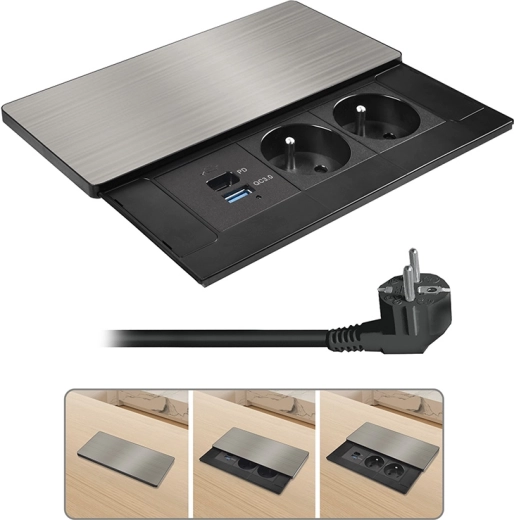 Solight inbouw stopcontactblok met schuifdeksel, 2× 230 V, USB-A + USB-C 20 W PD, 2 m, zilverkleurig