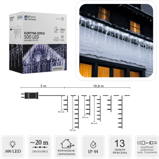LED-lichtgordijn met ijspegels, 500 LED's, koud wit, 20 m
