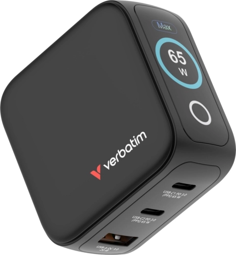 Verbatim mini GaN-oplader 65 W met TFT-display, 2× USB‑C en 1× USB‑A, EU/UK/USA