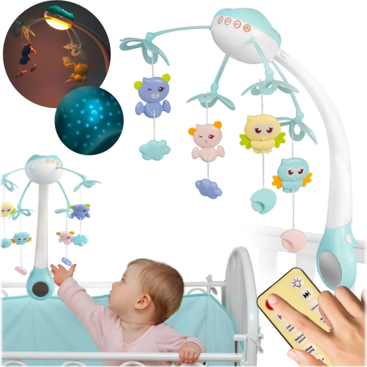 Muziekmobiel voor boven het babybedje met projector, blauw
