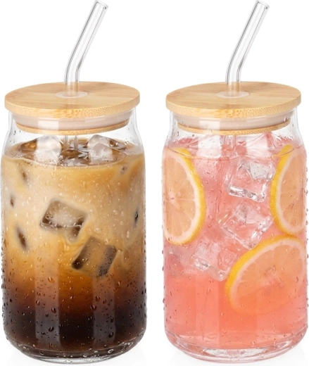 Vilde glazen drinkbekers met bamboe deksel en glazen rietje 460 ml, 2 stuks