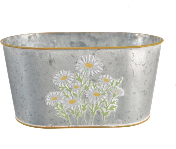 Grijze metalen bloembak met margrietmotief