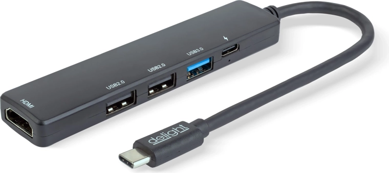 Multifunctionele USB-C-hub met HDMI, 3× USB-A en USB-C, 100 W, zwart