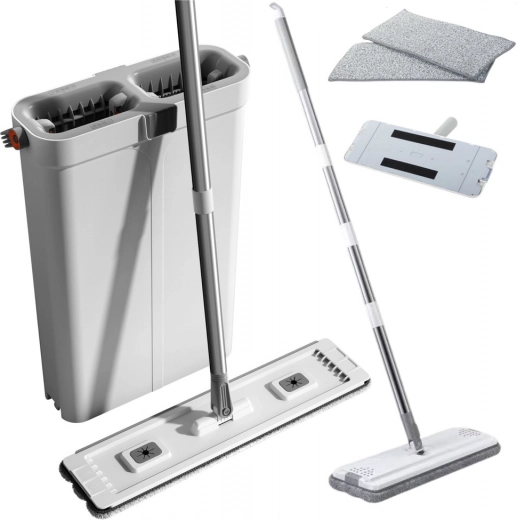 Schoonmaakset met vlakmop en tweekamer-emmer van microvezel