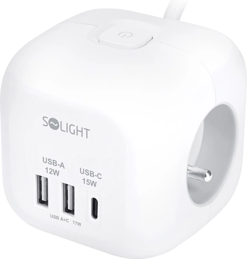 Solight-verlengblok in kubusvorm met 3 stopcontacten + USB-A en USB-C, kabel van 2 m, wit