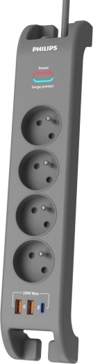 Overspanningsbeveiligde stekkerdoos 2 m, 4 stopcontacten, 1× USB‑C, 2× USB‑A, PD 20 W / QC 18 W, 2400 J – Philips