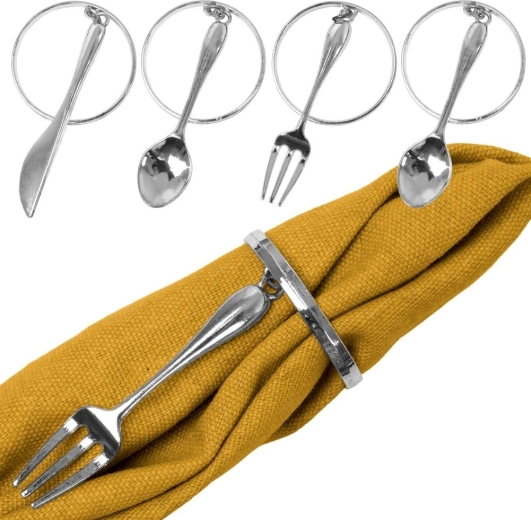 Metalen servetringen met zilverkleurig bestek, 4 cm, set van 4 stuks