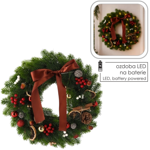 Kerst-ledkrans van 40 cm met groene naalden en bruine strik