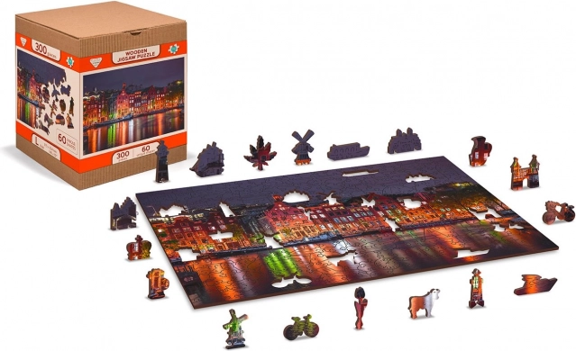 Houten puzzel Nachtelijk Amsterdam met unieke stukjes