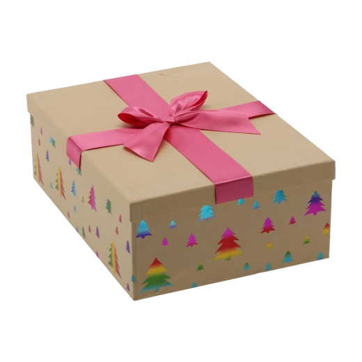 Bruine kerstcadeaudoos met roze strik 30,5 × 22 × 10 cm