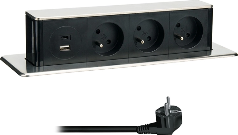 Solight uitschuifbaar stopcontactblok 3× 230 V + USB-A/USB-C 20 W PD, 2 m, roestvrij staal