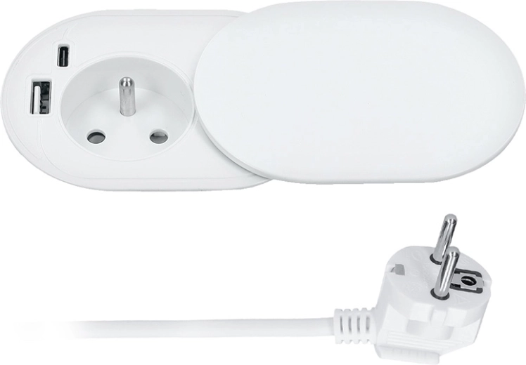Solight inbouwstopcontact 230 V met USB-A en USB-C (20 W PD), schuifdeksel, 2 m, mat wit