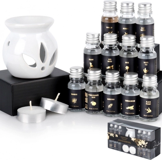 Cadeauset aromatherapie met keramische aromalamp en 12 geurolieën