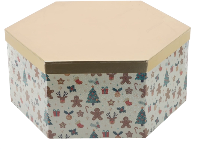 Kerstcadeaudoos in de vorm van een zeshoek met gouden deksel 45 × 39 × 19,5 cm