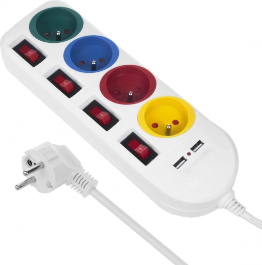 Stekkerdoos met individuele schakelaars en 4 stopcontacten + 2x USB Maclean Energy wit