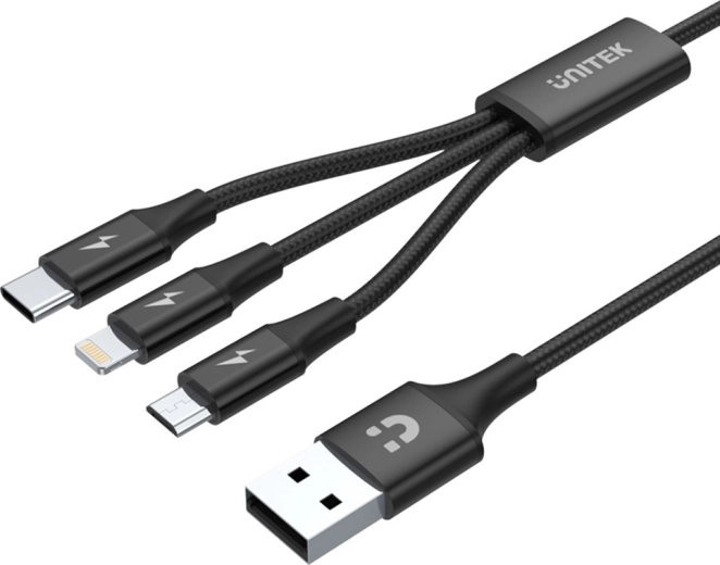 Unitek oplaadkabel USB-A 3-in-1 (USB-C/Micro USB/Lightning) zwart