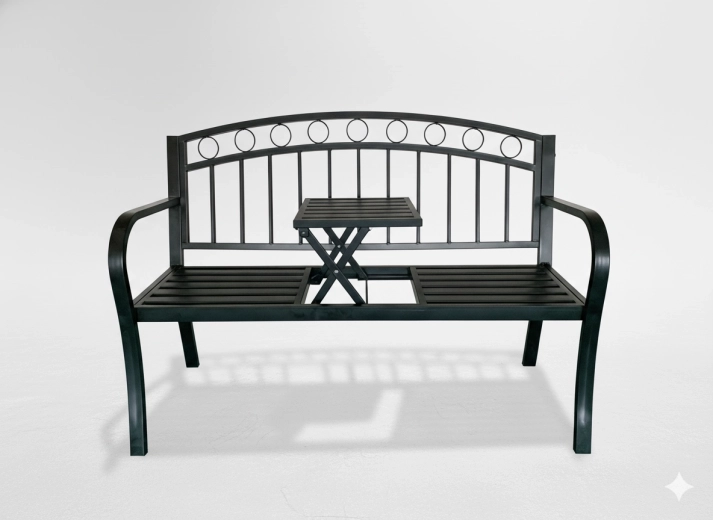 Tuinbank van metaal met neerklapbaar tafeltje, 127 × 53 × 84 cm