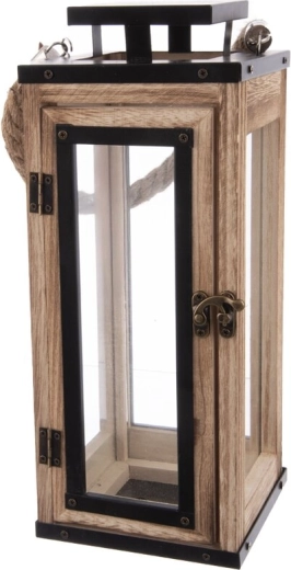 Kleine beige lantaarn van hout en metaal 13 × 13 × 32 cm