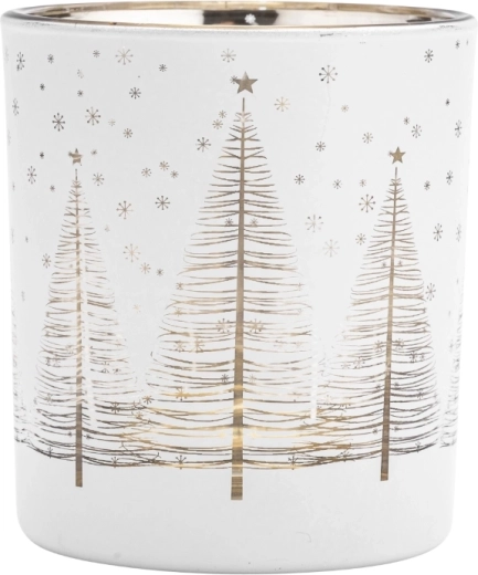 Glazen theelichthouder wit-goud met kerstboomdecor