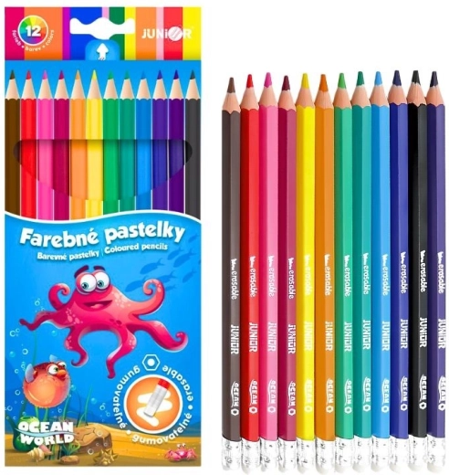 Uitgum­bare zeshoekige kleurpotloden Junior Ocean World, set van 12 stuks