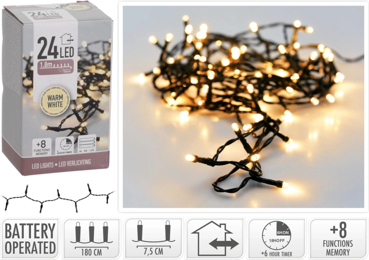 Kerst LED-verlichting 1,8 m, 24 LED, warmwit, 8 functies met timer
