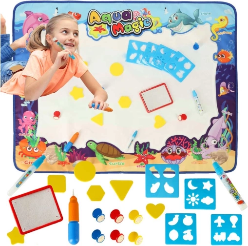 Aqua Magic watertekenmat XXL met set stempels en sjablonen 100 × 80 cm
