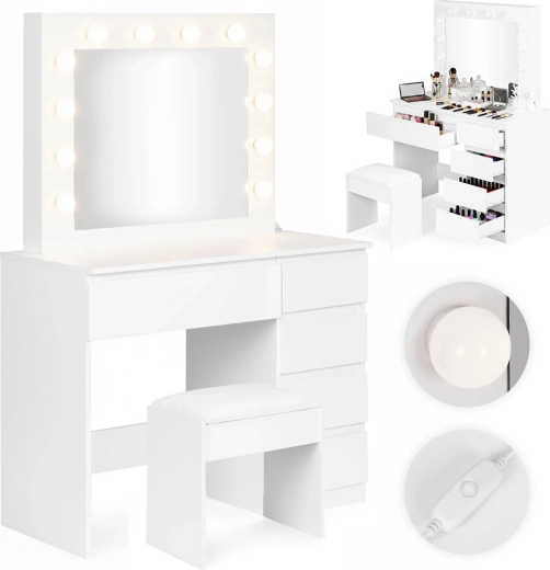 ModernHome moderne kaptafel/visagietafel met spiegel en LED-verlichting, 5 lades en kruk