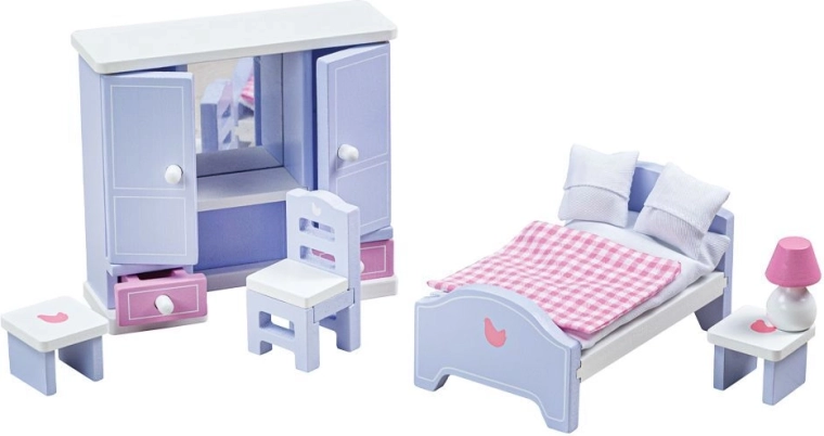 Tidlo houten slaapkamer voor een poppenhuis in pastel paars-blauwe kleuren