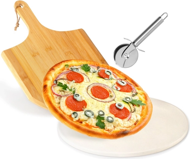 Chamotte pizzasteen met bamboe schep en roestvrijstalen pizzasnijder, 3-delige set