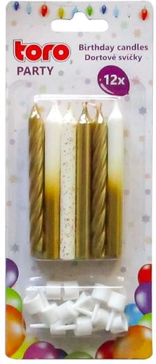 Taartkaarsen met houder TORO, 7,5 cm, goud en wit, 12+12 stuks