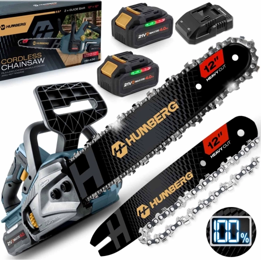 Accu-kettingzaag Humberg 12" met borstelloze motor + 2× 4 Ah accu’s