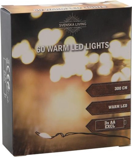 Lichtslinger 60 LED warm wit licht 3 m zwart op batterijen