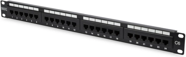 Patchpaneel 19" 24 poorten, categorie 6, U/UTP, 1U met kabelondersteuning, zwart