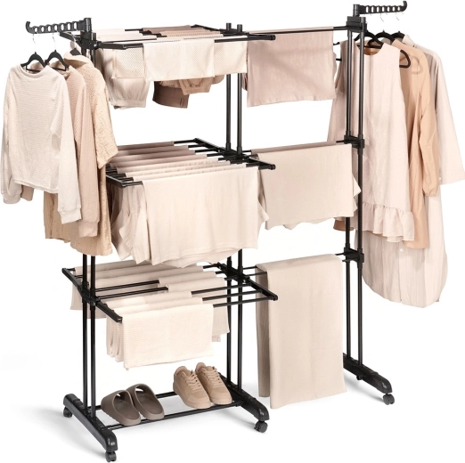 Metalen wasdroogrek zwart, telescoop, 3 niveaus, op wieltjes 78–130 × 64 × 172 cm