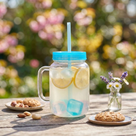Blauwe beker met rietje en koelingsblokjes, 550 ml
