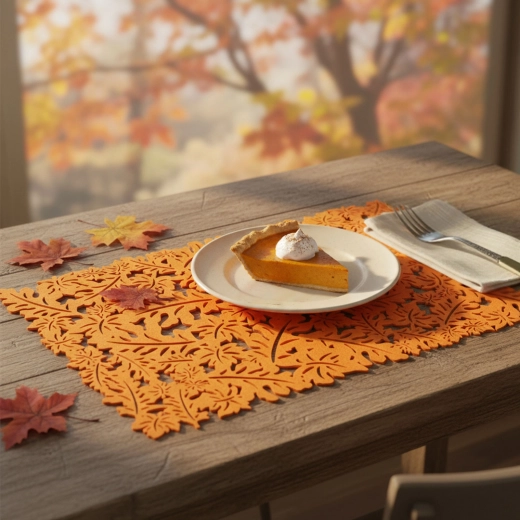 Herfstvilten onderlegger met bladerenmotief, oranje