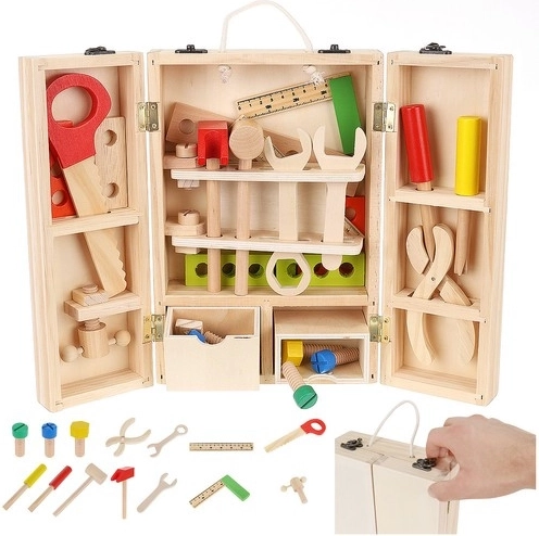 Houten gereedschapsset met koffertje