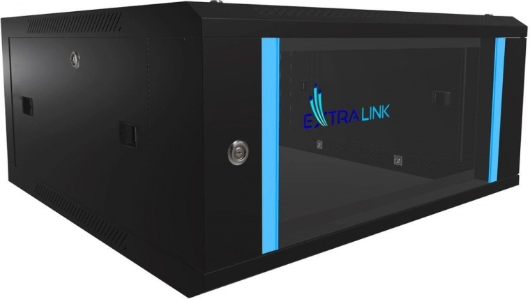 Wandgemonteerde rackkast EXTRALINK 4U 600x600 zwart met glazen deur