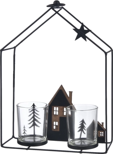 Lantaarnkandelaar in huisvorm van metaal en glas