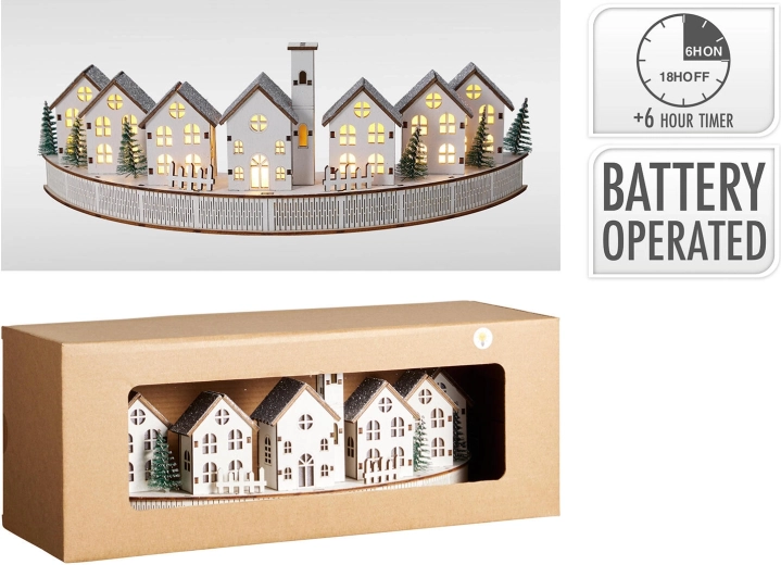 Kerst houten LED-decoratie huisjes met timer 36 cm - 1 stuk