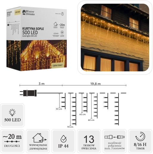 LED-lichtgordijn met ijspegels, 500 LED's, warm wit, 20 m