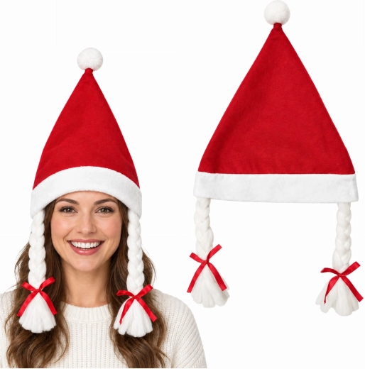 Kerstmuts mevrouw Santa met vlechten - 1 stuk