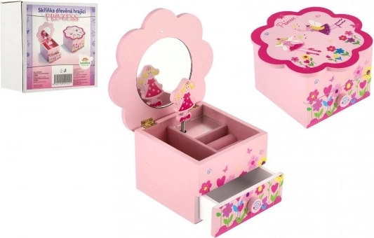 Kinder sieradendoos met bloem en spiegeltje – houten, muzikaal, roze
