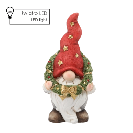 Kerstbeeldje van een kabouter met krans en LED-verlichting
