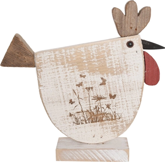 Houten decoratie Kip met bloemmotief beige
